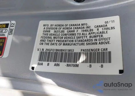 2011 Honda Civic Lx from USA, damaged, VIN 2HGFG1B60BH515853